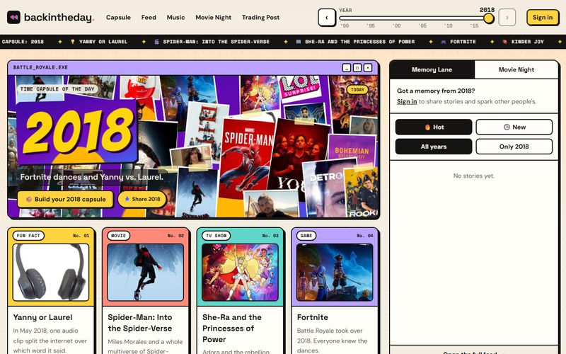 The Back in the Day home page: a 2018 time-capsule banner made of a cut-paper collage, a row of trading-card style picks, and a Memory Lane feed beside them