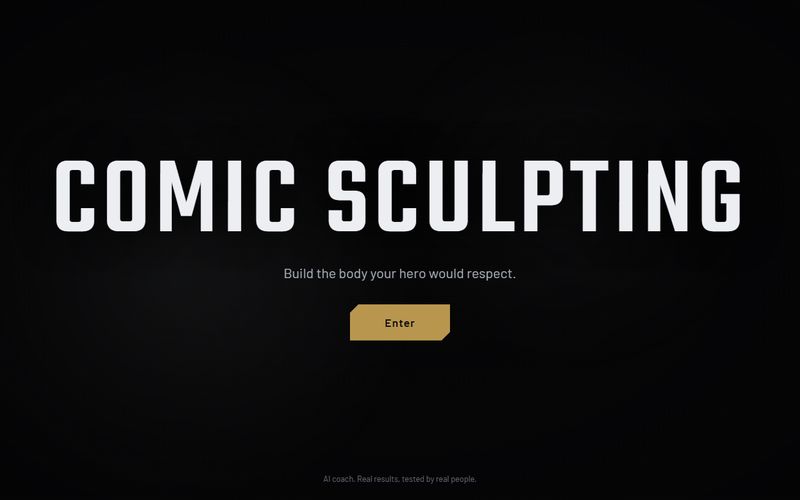 Comic Sculpting intro screen: the brand name in bold capitals, the line Build the body your hero would respect, and a gold Enter button