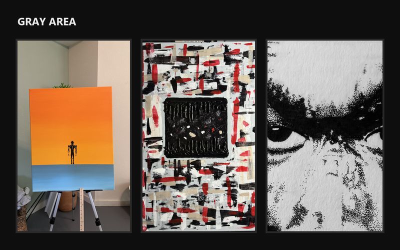 Three Gray Area artworks: an orange sunset painting with a lone figure, a red and black abstract, and a stipple ink close-up of intense eyes