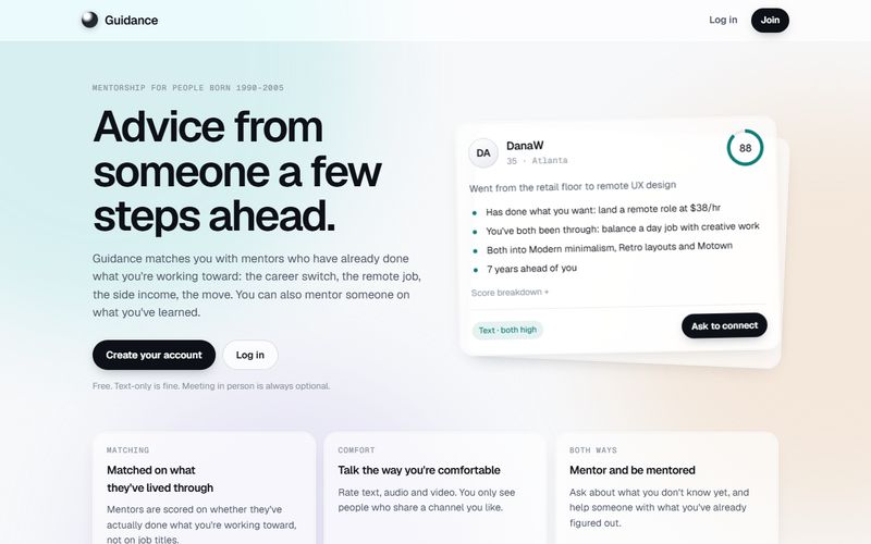 The Guidance home page: the headline Advice from someone a few steps ahead, beside a sample mentor match card with an 88 match score