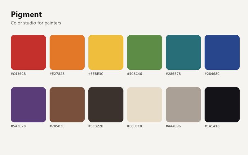 Illustration for Pigment: a grid of twelve paint color swatches with their hex codes